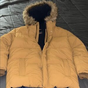 The Children's Place Tan Puffer Jacket with Faux Fur Hood